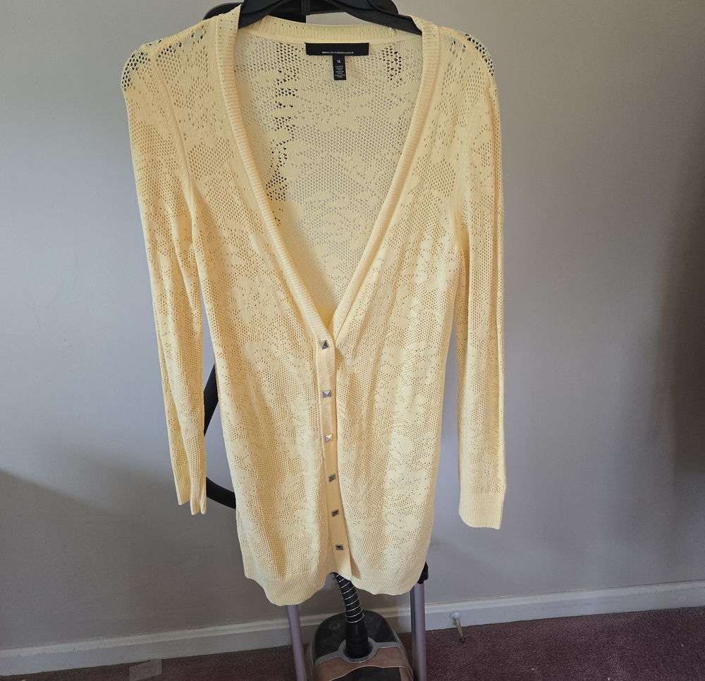 White House Black Market Pale Yellow Openwork V-Neck Cardigan